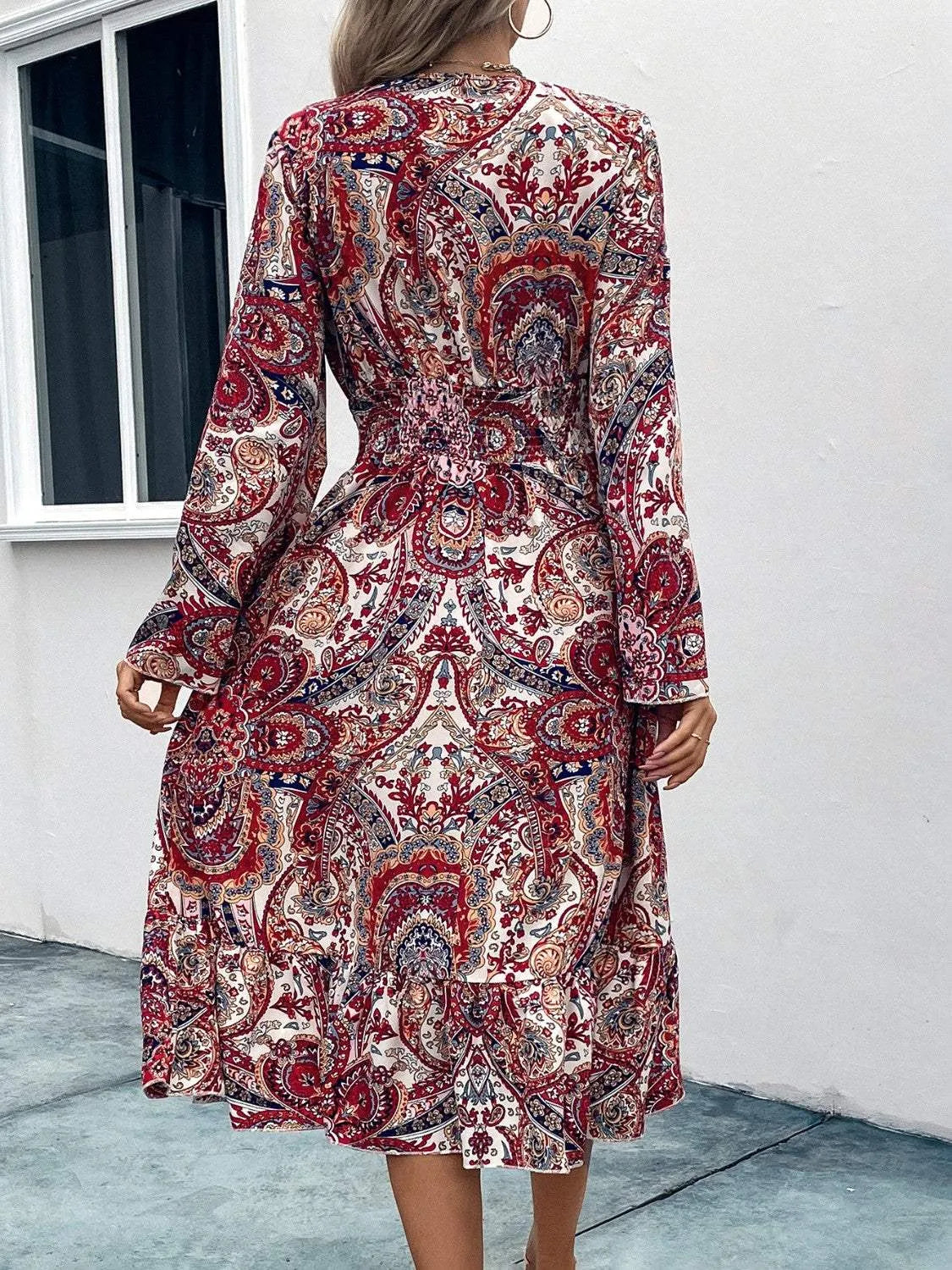 Smocked V-Neck Long Sleeve Dress Casual Dresses - Tophatter Daily Deals